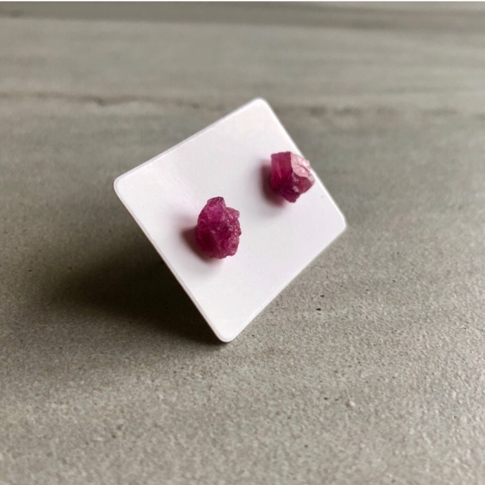 Raw Fuchsia Tourmaline Crystal Stud Earrings - Picture 5 of 10